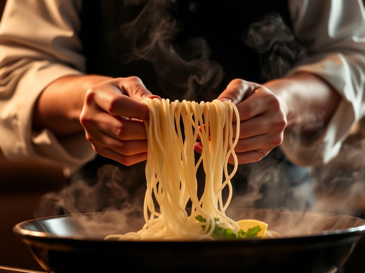 Chef pulling noodles