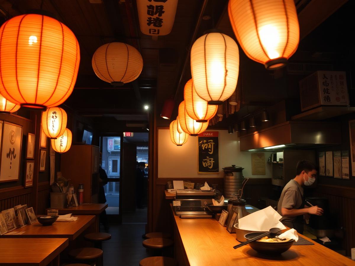 Warm interior with paper lanterns